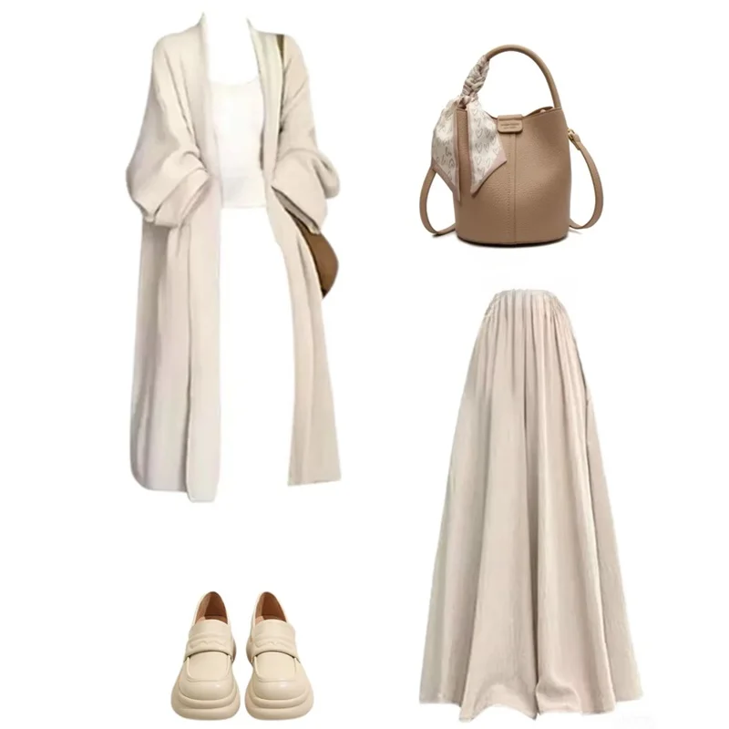 Loose Knitted Cardigan Coat Belted Casual Skirt Pants Tee Piece Set Women's Korean Sle Faion Ensemble High Waist Slimming