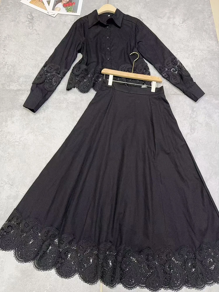 

Spring and Autumn New Women's Skirt Hollow Lace Long Sleeve Shirt Top+High Waist Big Pendant Skirt temperament Two-piece suit