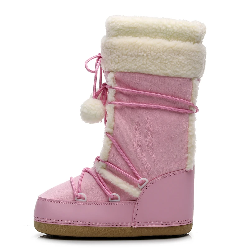 Pink Winter Boots Women Snow Boots Thick Sole Ski Boots Warm Mid-calf Space Boots Slip-resistant Cotton Shoes Free Ship