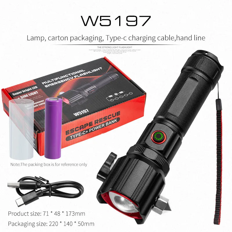 Super Bright Lasers Flashlight Zoomable Torch with Window Hammer Outdoor Emergency Waterproof 5 Lighting Mode Camping Flashlight