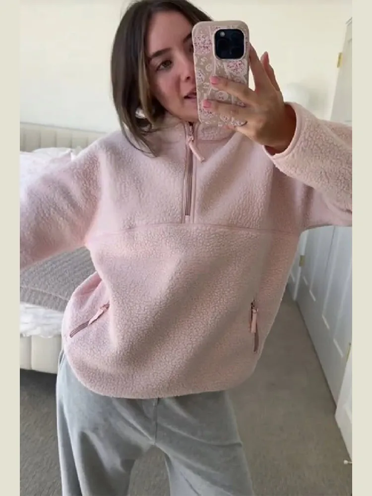 

2025 Шикарный новый розовый шерстяной короткий топ из ягненка, повседневный полумолния с длинным рукавом, флисовое теплое пальто, зимняя уличная верхняя одежда в ленивом стиле