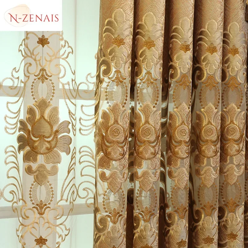 European Brown Chenille HollowOut Embroidered Luxury Curtains For Living Room Bedroom Dining Blackout Valance Tulle Window Decor