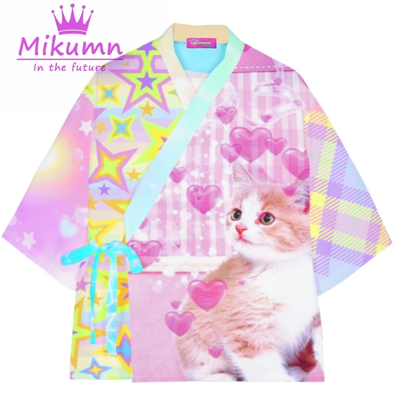 

Y2K Cat Print Tops Harajuku Japanese Kawaii Lace Up V-neck Loose Long Sleeve Kimono Cardigan Shirts Summer Chic Streetwear