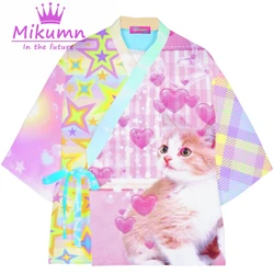 Y2K Cat Print Tops Harajuku Japanese Kawaii Lace Up V-neck Loose Long Sleeve Kimono Cardigan Shirts Summer Chic Streetwear