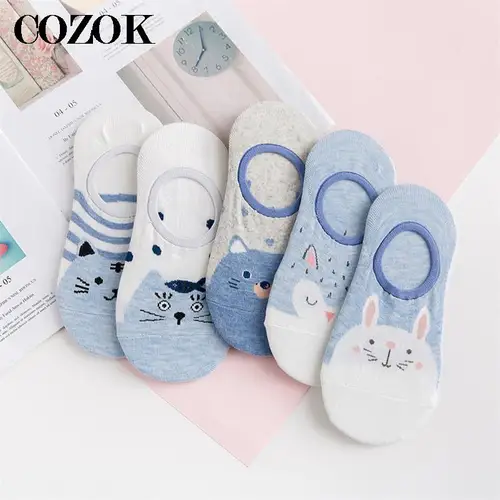 Calcetines tobilleros de algodón para mujer, medias invisibles con dibujos de animales, antideslizantes, Color azul, 6 piezas = 3 pares