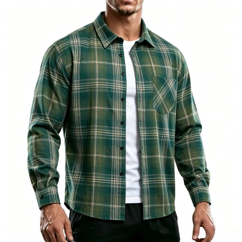 Men's Work Shirts Plaid Flannel Spring Autumn Long Sleeve Blue Loose Mens Casual Shirt Oversized Business Male Soft Dress Shirt