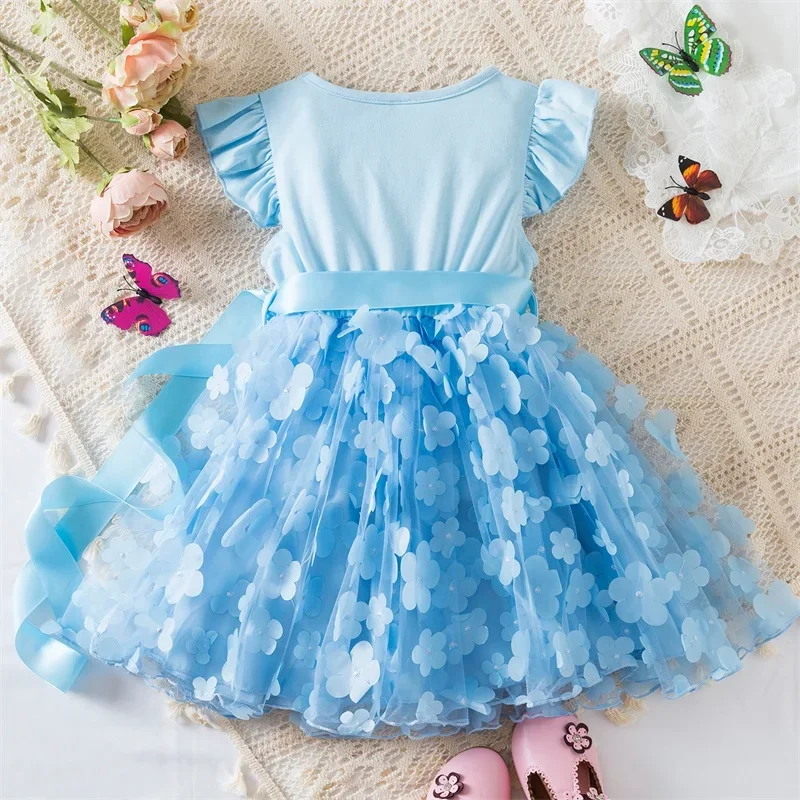 2024 New Summer Dress for Baby Girls 2-6 Years 3D Flower Fly Sleeves Kids Birthday Princess Dress Elegant Wedding Party Dress