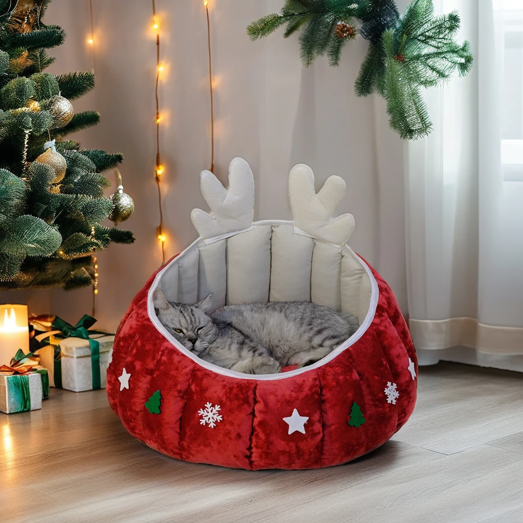 

2024 Popular Red Floral Pattern Christmas Nest Cozy Plush XL Pet Bed Sustainable Eco-Friendly Lightweight Portable Oxford Fabric