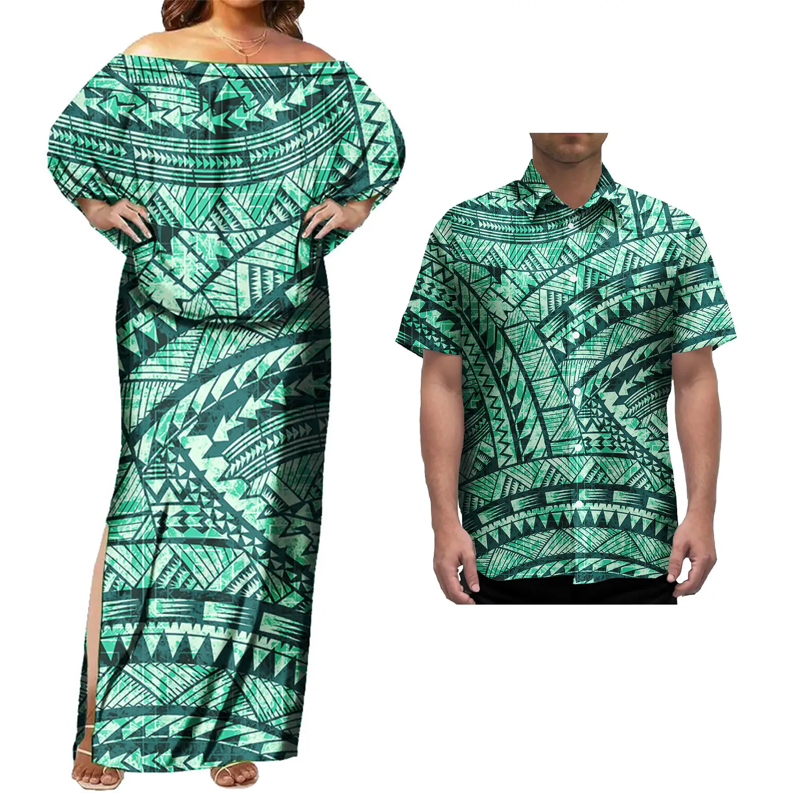 Vintage paar set Polynesische dames eiland stijl Puletasi jurk en Hawaiiaanse heren shirt paren bijpassende outfits