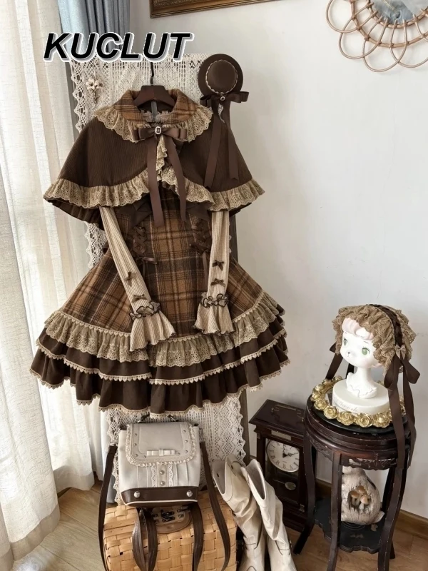 Dames 2-delige sets herfst winter lief meisje lolita stijl basisshirt vintage geruite band jurk cape jas set voor meisje