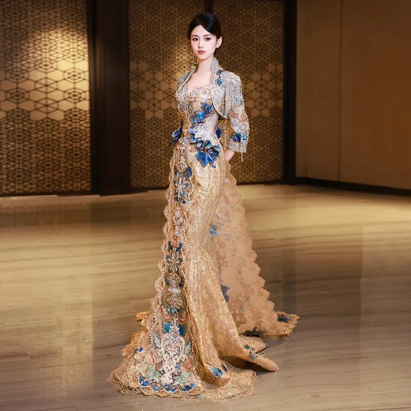 

New Champagne Gold Blue heavy-duty tail-end tribute wine Chinese wedding dress style clothing