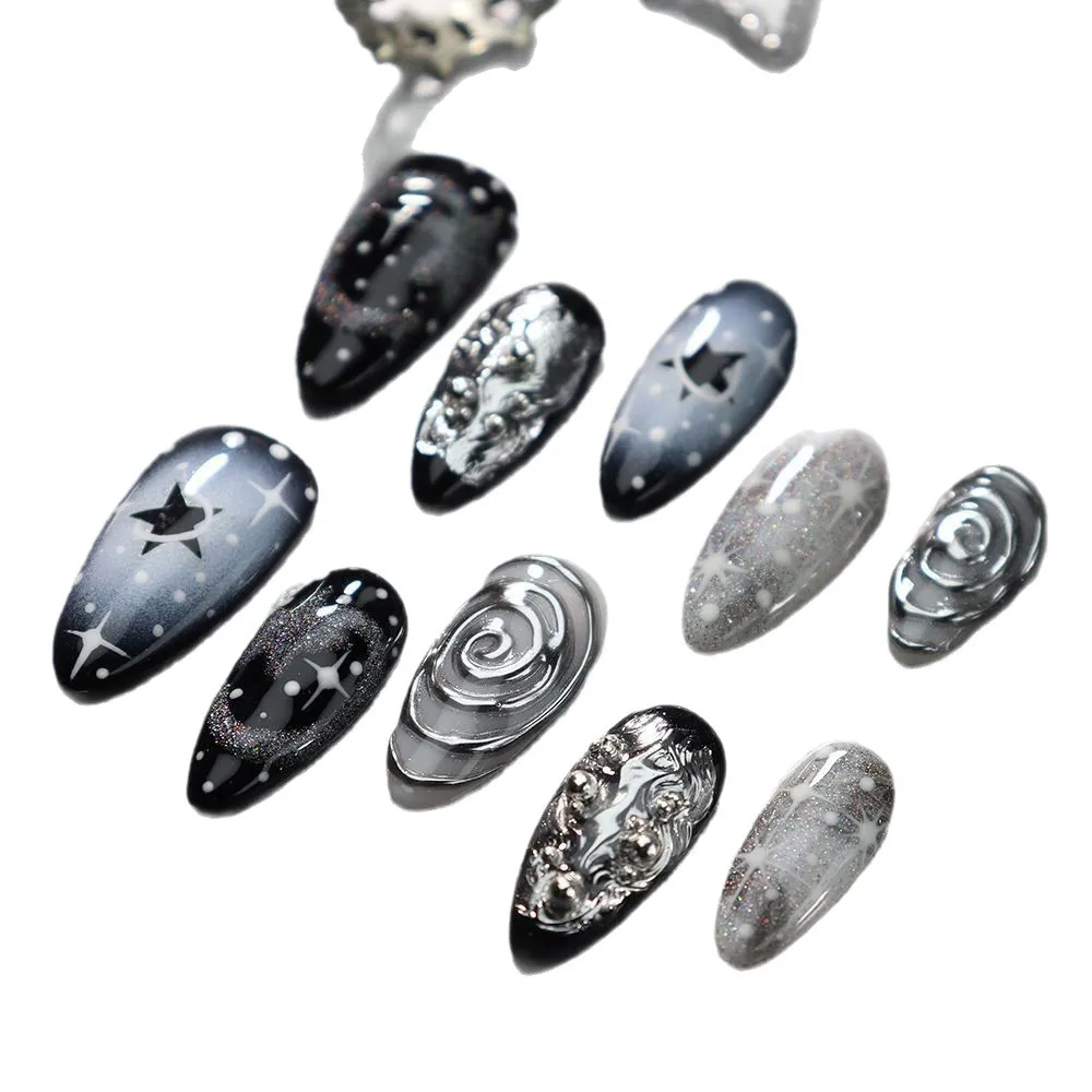 เล็บปลอมทรงอัลมอนด์ 10 ชิ้น ลายดาวสีเข้ม แบบเจลติดกาว พร้อมสีประกายวิ้ง