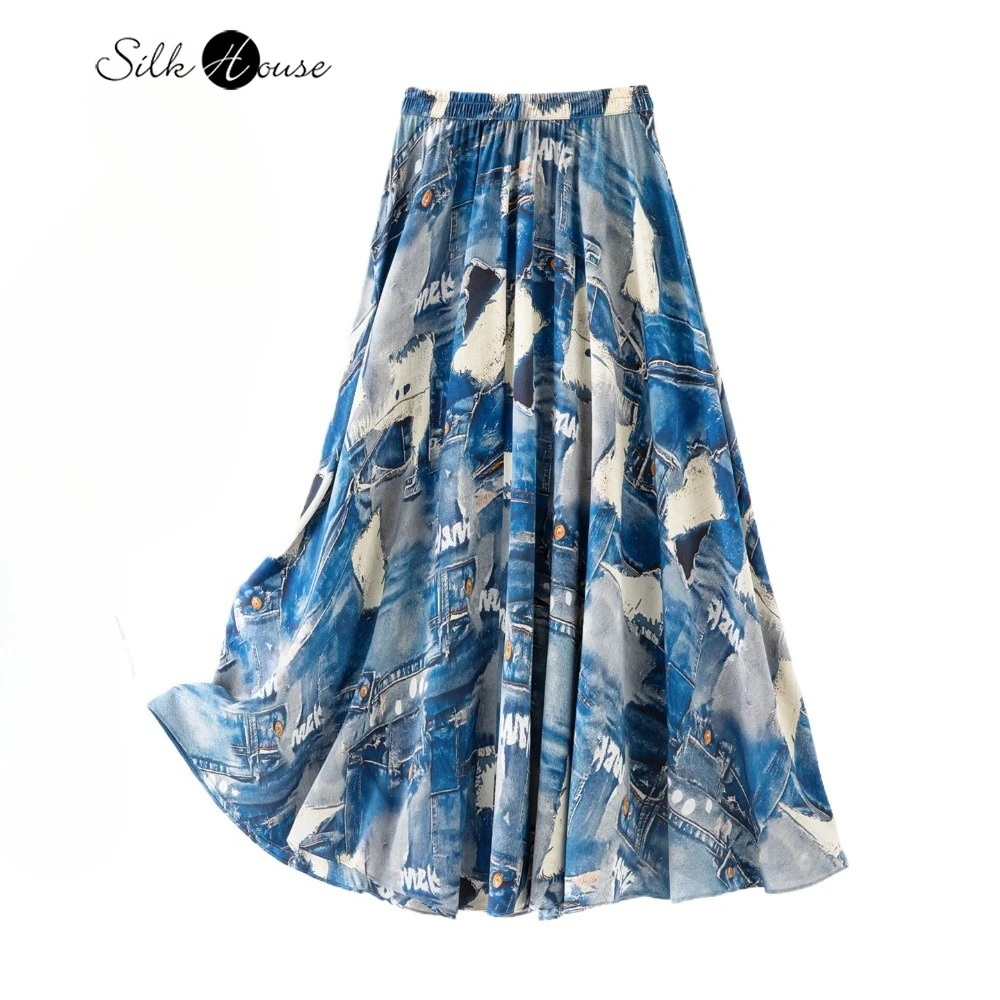 

2025 Women's Summer New 100% Natural Mulberry Silk Crepe De Chine Large Swing Elastic Waist Loose Temperament Printed Skirt