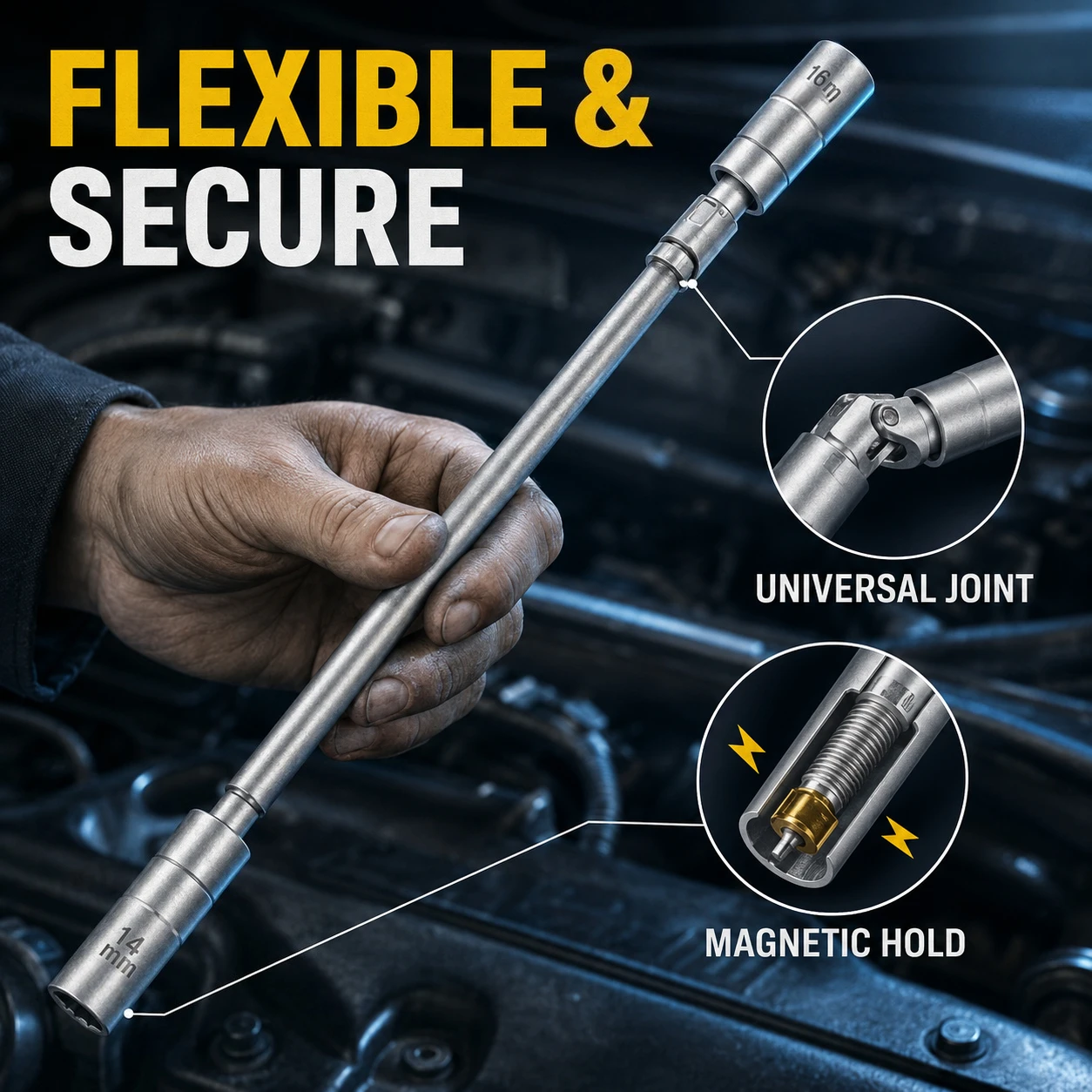 Magnetic Spark Plug Socket Key Wrench Adapter Swivel Long Extension Install Replace Repair Kit Torque Remove Removal Gap Tool