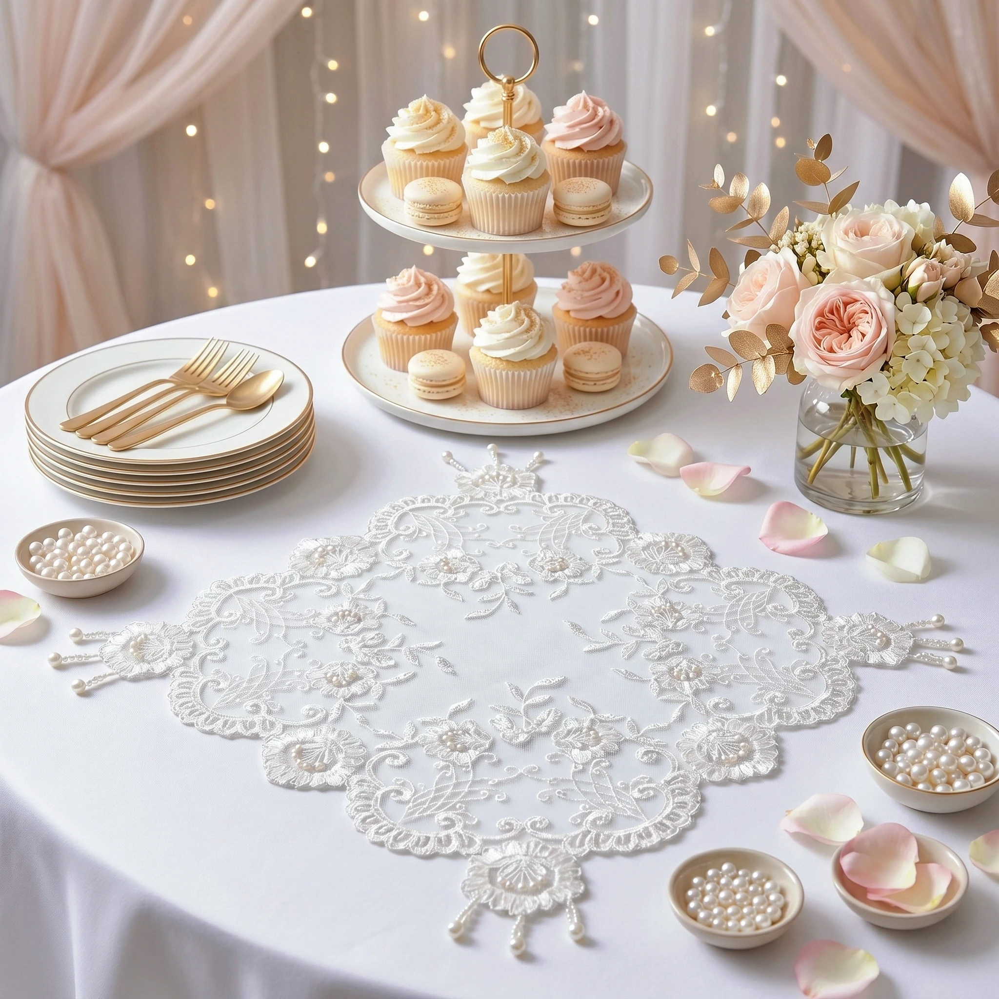 Placemats Set Of 6 Square Wedding White Lace Beaded Plate Mat Party Table Decor Sweet Table Accessories Fruit Plate Dustcover