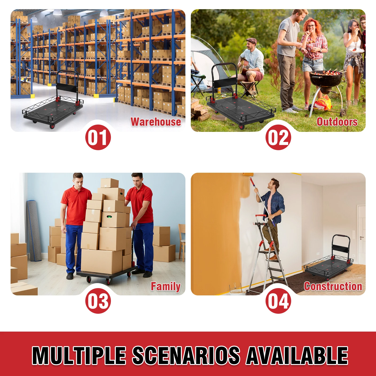 

2 IN 1 Foldable Flat Plate Dolly W/Steel Wire Fence Four-Wheeled Hands Trolley 2000 Lbs Capacity for Groceries Garage Warehouse