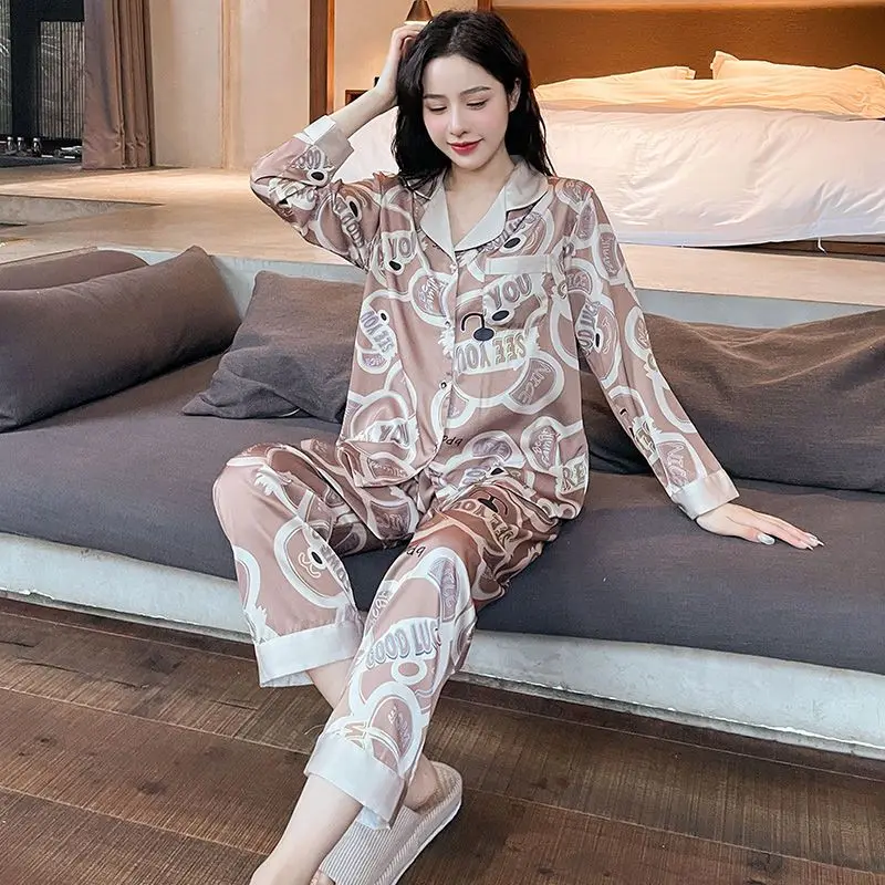 2024 Spring Autumn New Women Pajamas Female Ice Silk Long Sleeve Lapel Nightclothes Suit High Sense Cardigan Casual Homewear