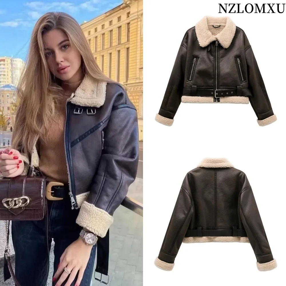 Women\'s 2024 Autumn and Winter New Street Style Fur One-piece Double-sided Short Fleece Jacket with Belt Zipper Pocket