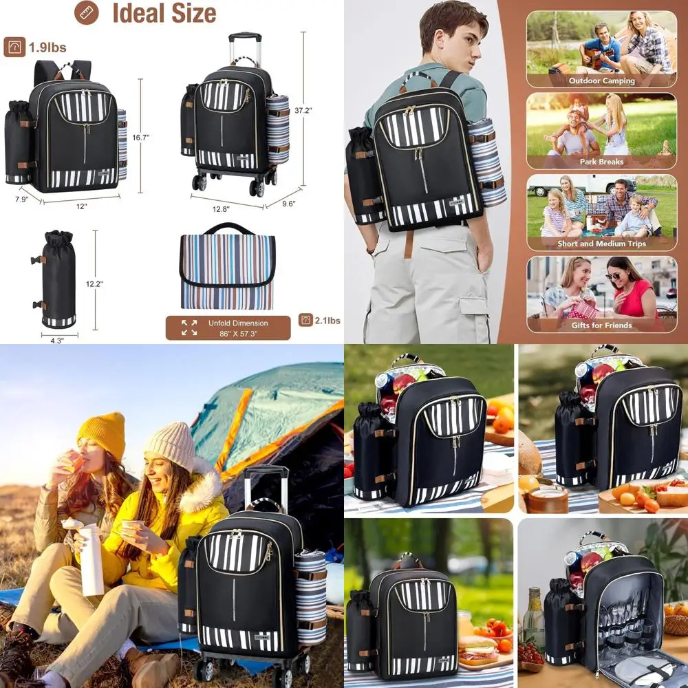 Mochila de Picnic con Ruedas para 4 Personas - Juego de Mantelería y Cubiertos, Bolsa para Vino Desmontable - Ideal para Playa, Barbacoa, Camping, Viajes, Parque