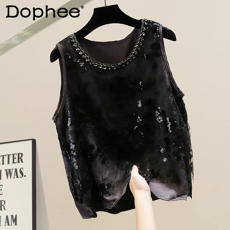 

2025 Summer New Korean Fashion Heavy Rhinestone Sleeveless Round Neck Vest Design Sense Versatile Loose Top for Women