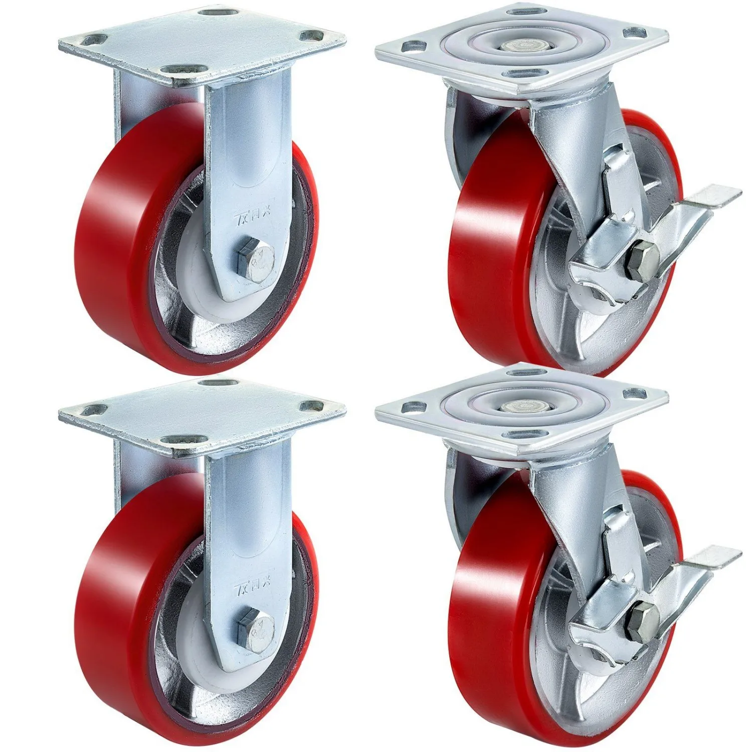 

4 Pack 6 x 2 Inch Caster Wheels 2 Rigid and 2 Swivel Casters with Side Brake Polyurethane Iron Core Plate 1000LBS Capacity Per W