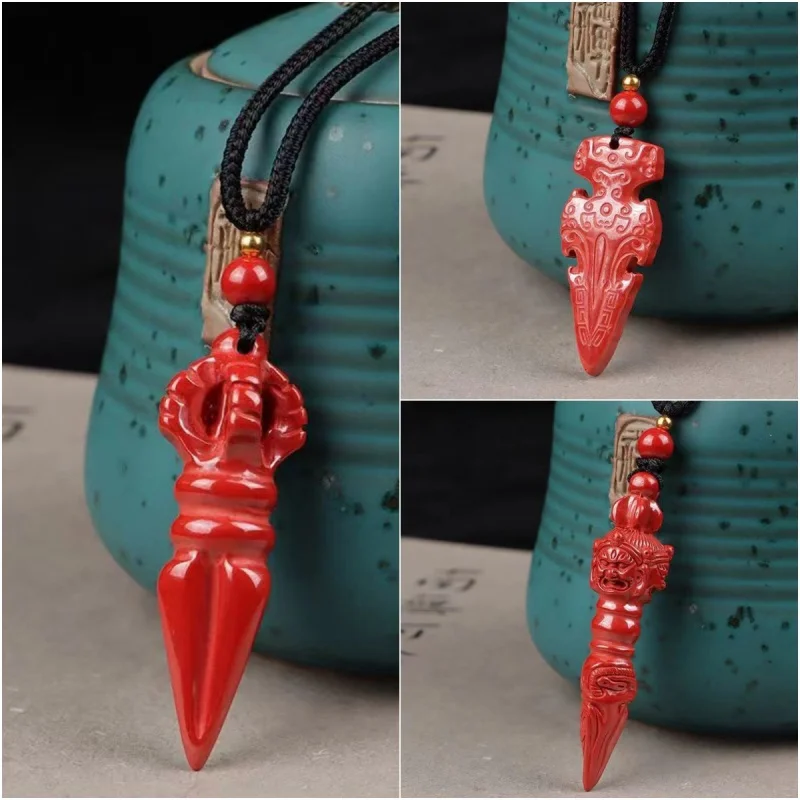 Raw Ore Cinnabar Vajra Necklace Natural Emperor Sandstone Ethnic Style Monster Subduing Club Retro Crafts Pendant Access