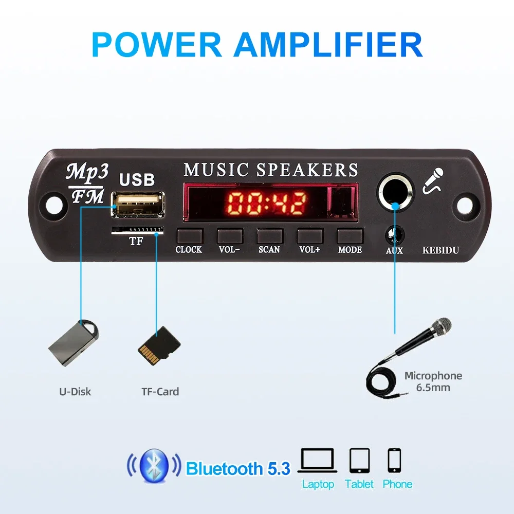60 واط MP3 فك مجلس بلوتوث 5.0 مشغل MP3 12-20 فولت اللاسلكية مشغل MP3 ساعة العالم ميكروفون TF AUX راديو FM لمكبر الصوت