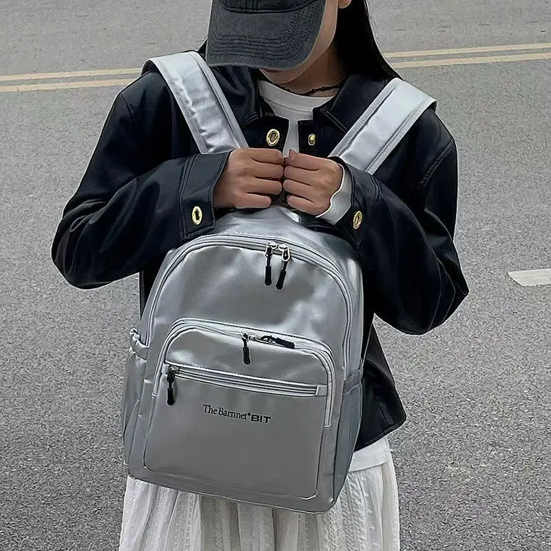 

Silver Backpack Women College Students Travel Schoolbag Waterproof Lightweight Nylon Large Capacity Commuting Shoulder Backpacks