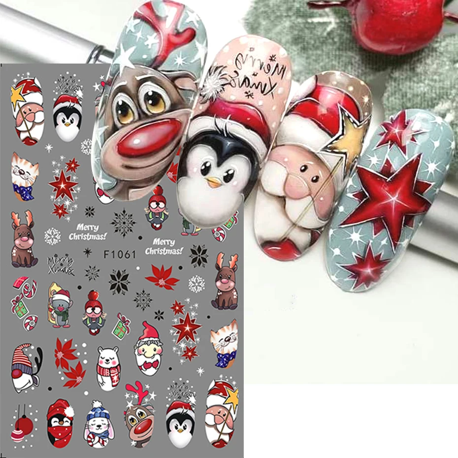Pupazzo di neve di Natale Fiocchi di neve Adesivi per nail art Cartone animato Babbo Natale Alce Decalcomania natalizia Decalcomanie per manicure fai da te