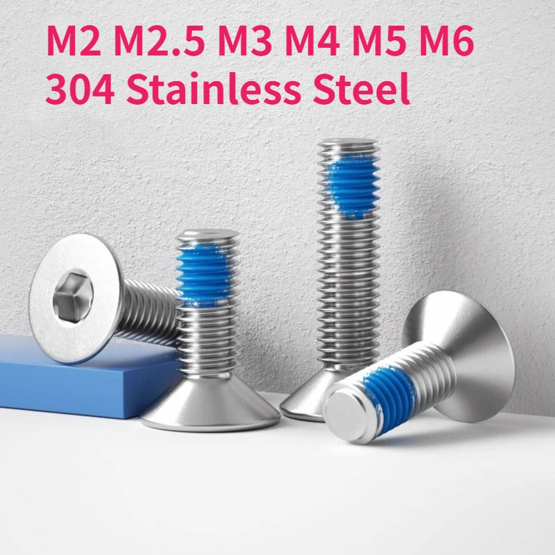 M2 M2.5 M3 M4 M5 M6 A2 304 Stainless Steel Hex Socket Flat Head Blue Glue Dispensing Bolt Countersunk Allen Anti Loosening Screw