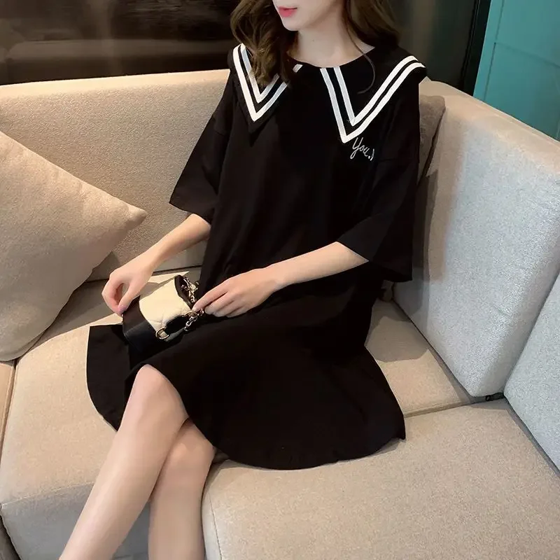 Preppy Style Black Loose T Shirt Dress Summer New Short Sleeve Solid Color Striped Patchwork Tops Sweet Fashion Women Clothing