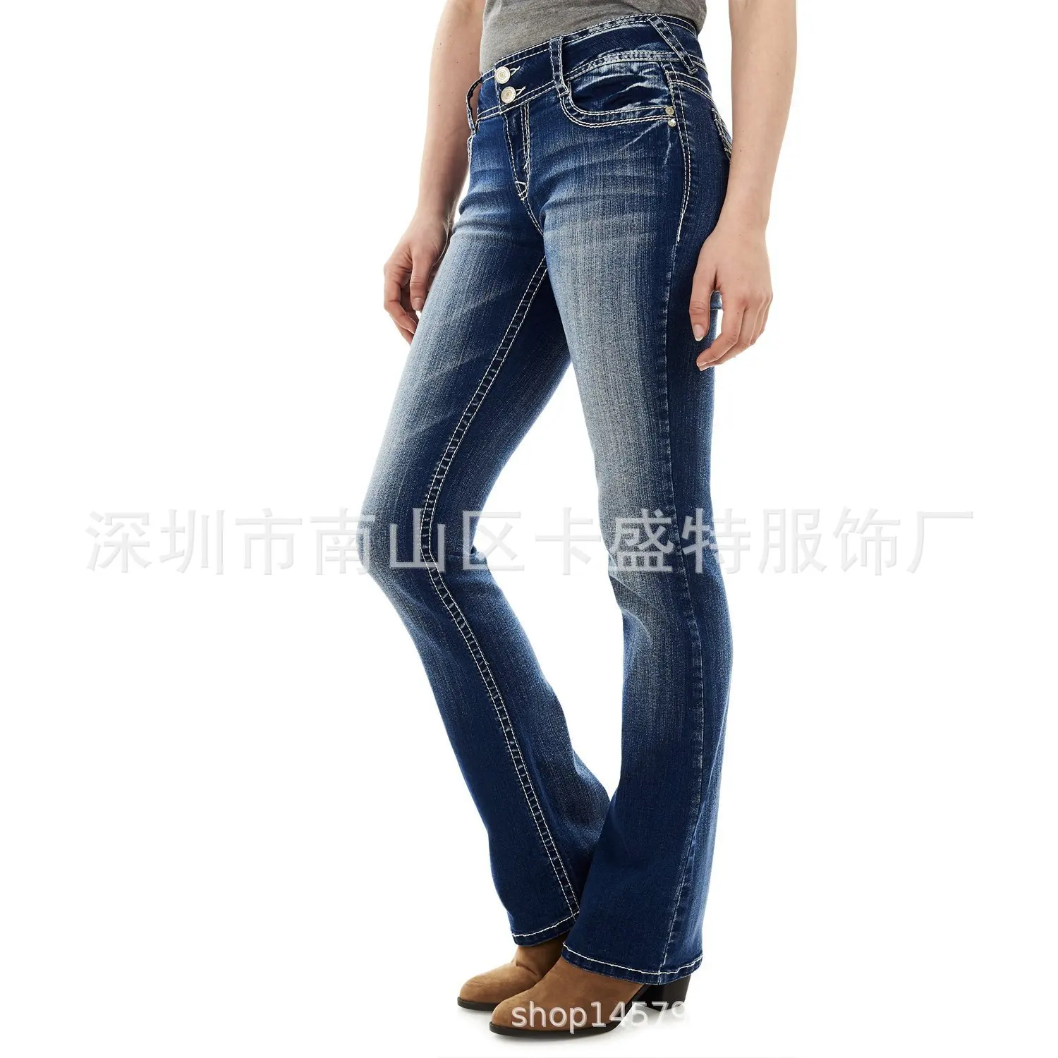 Women's Sweet Style Dark Blue Mid Rise Stretch Slim Fit Floor Length Denim Jeans 2026 Spring New Arrivals Embroidered Flare Leg
