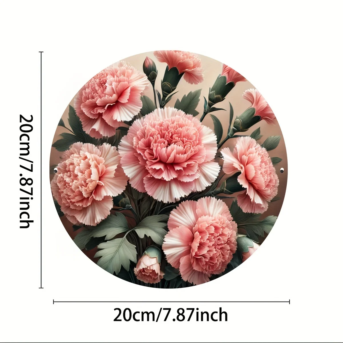 2D Flat, 1pc Rustic Iron Round Metal Sign - 2D Floral Carnation Wreath Wall Art with Pink & White Blooms, No-Electricity Door &