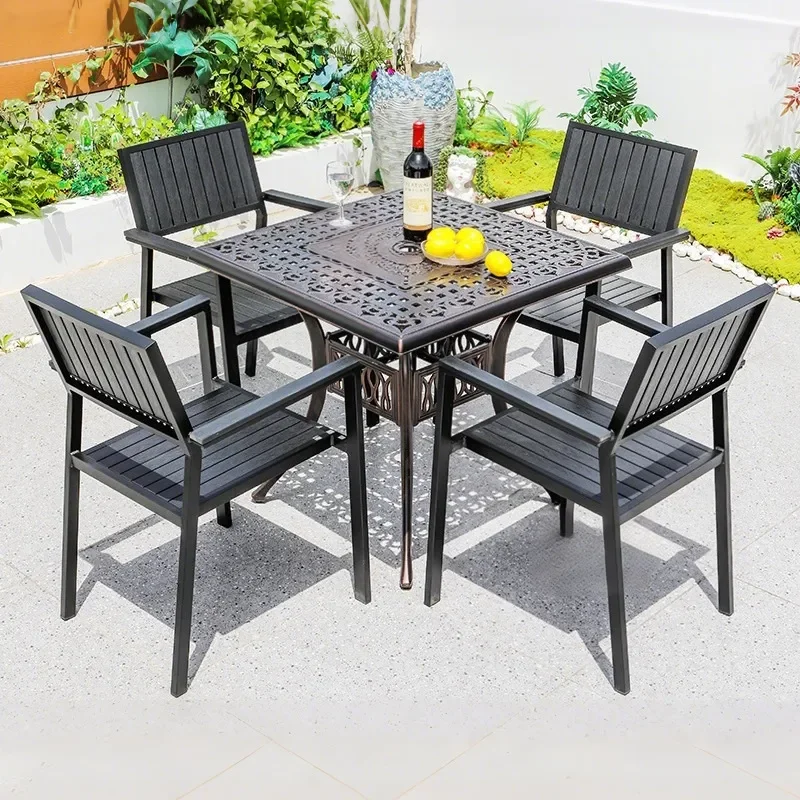 for Outdoor Cast Aluminum Table and Chairs Set Aluminum Alloy Square Table with for Formosa Wood Chairs 1 Table 4 Chairs