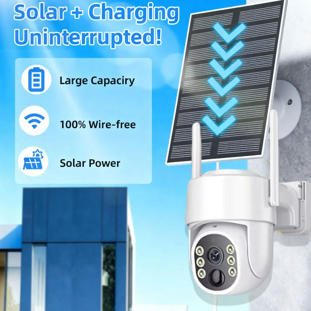 5MP 2K Solar Camera Rechargeable Battery PIR Humanoid Detection Outdoor PTZ 4G Camera Full Color Night Vision Two Way Audio