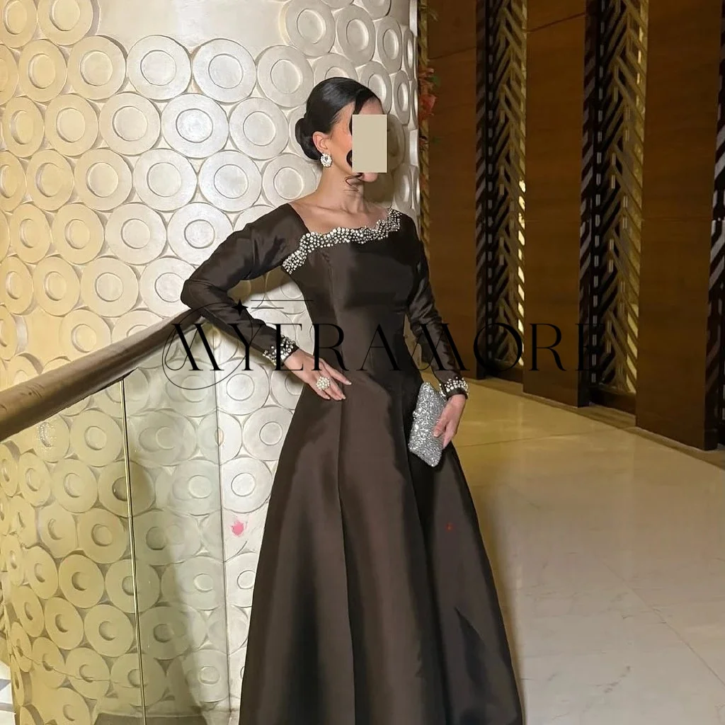 

Elegant Long Sleeve Evening Dresses Beaded A-Line Pleat Prom Dresses Customized فساتين سهرة