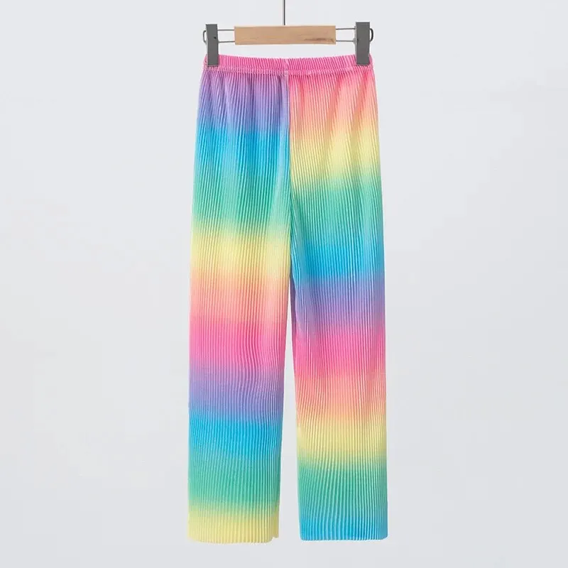 Summer Girls Rainbow Pleated Wide-leg Pants Female Students Comfortable Versatile Elastic Waist Pants.