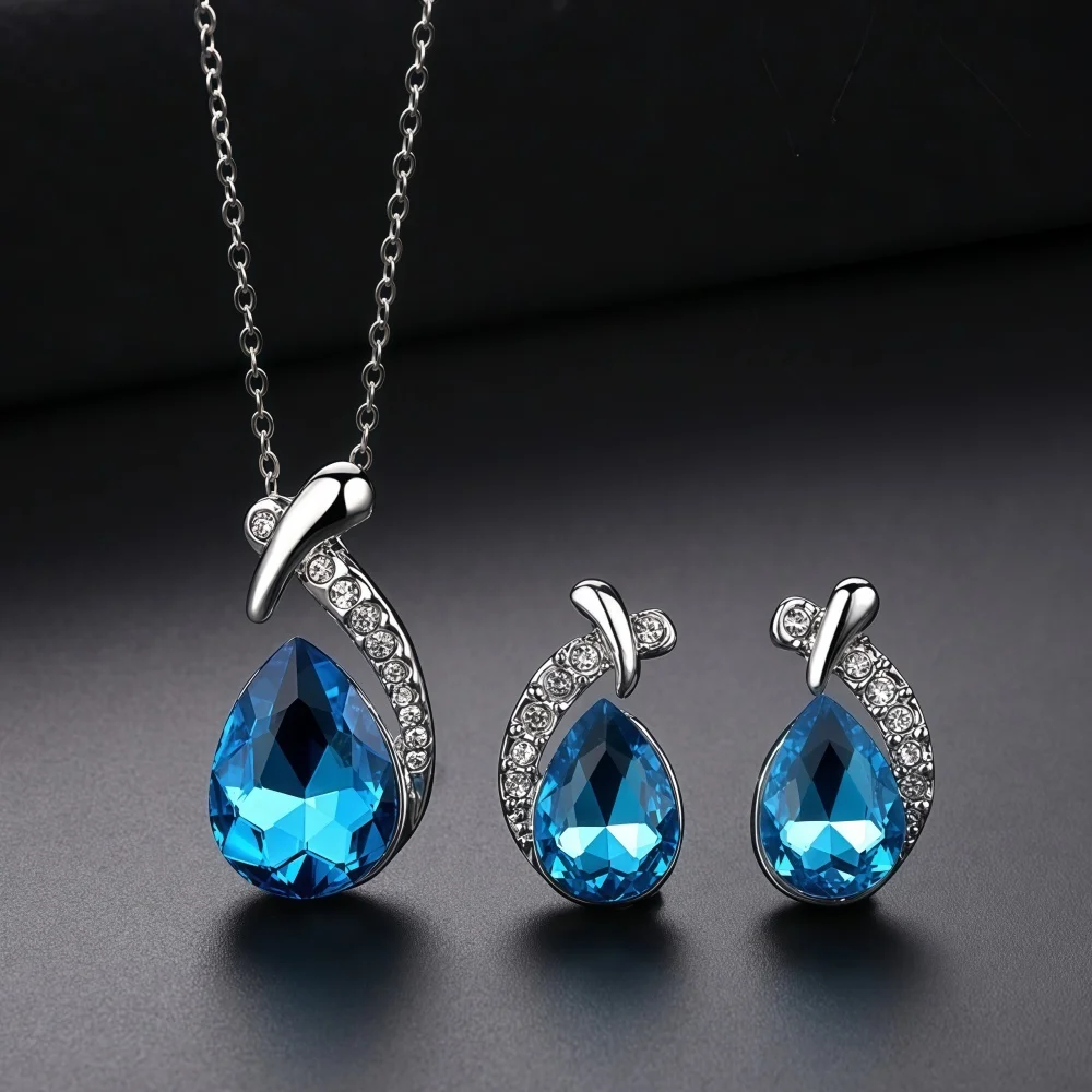 Image of Niedliches, charmantes, farbenfrohes Wassertropfen-Schmuckset mit künstlichen Edelsteinen für Damen, romantischer Engelstränen-Anhänger, Hochzeitsschmuck nach Maß.