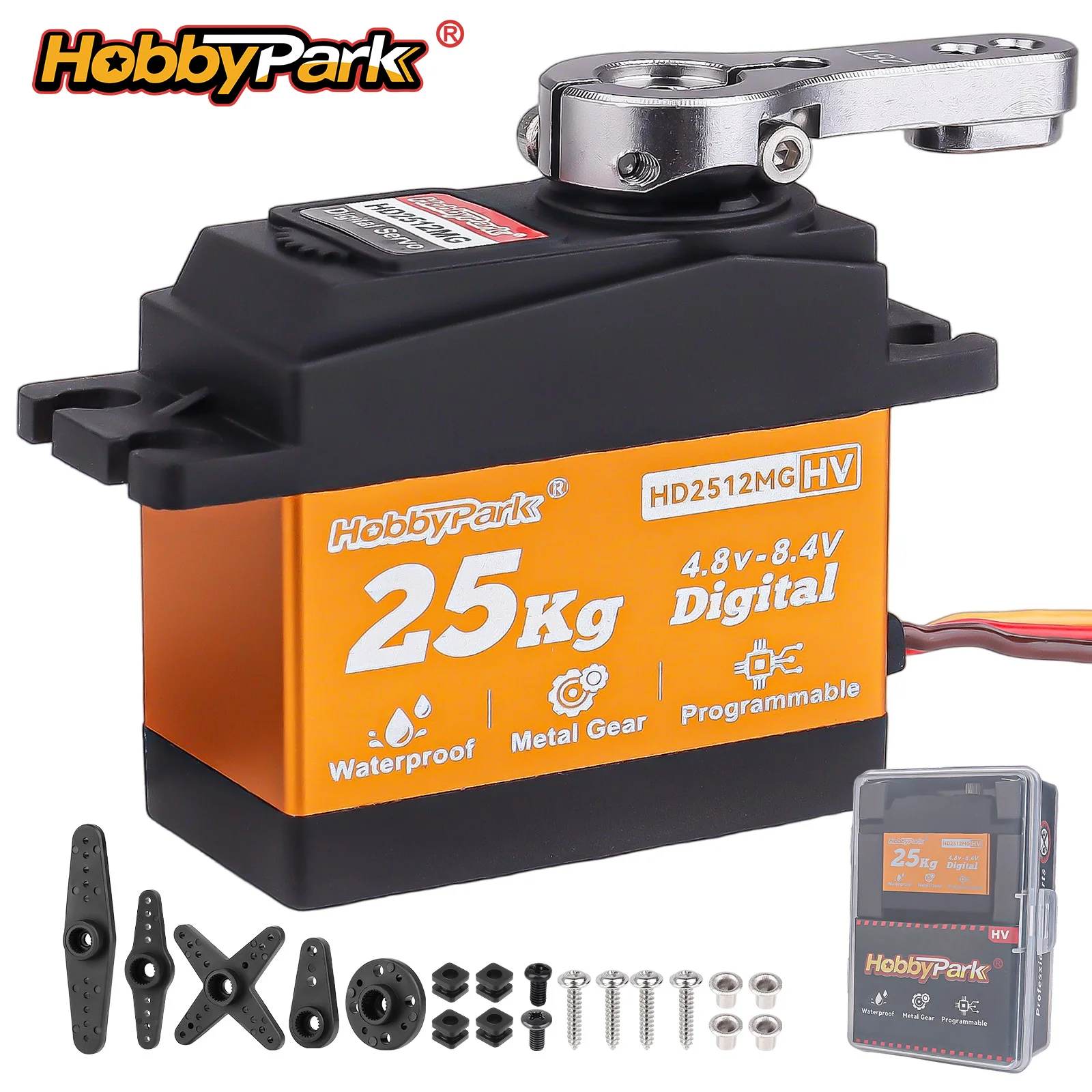 

HobbyPark Waterproof 25kg Digital Servo High Torque Metal Gear for RC Crawler Truck Car Robot HV 4.8-8.4V 180° Control