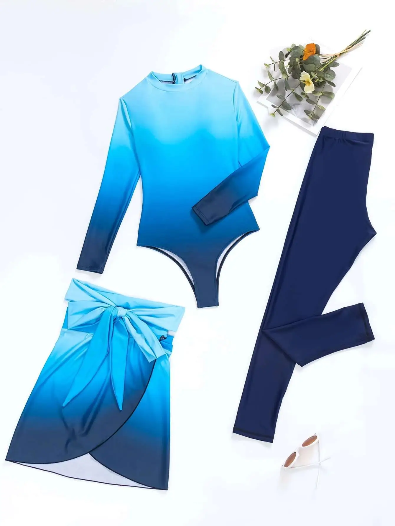 Burkini à manches longues pour femme, maillot de bain trois pièces, bleu nickel é, pantalon, protection solaire, vêtements de plage, nouvelle collection