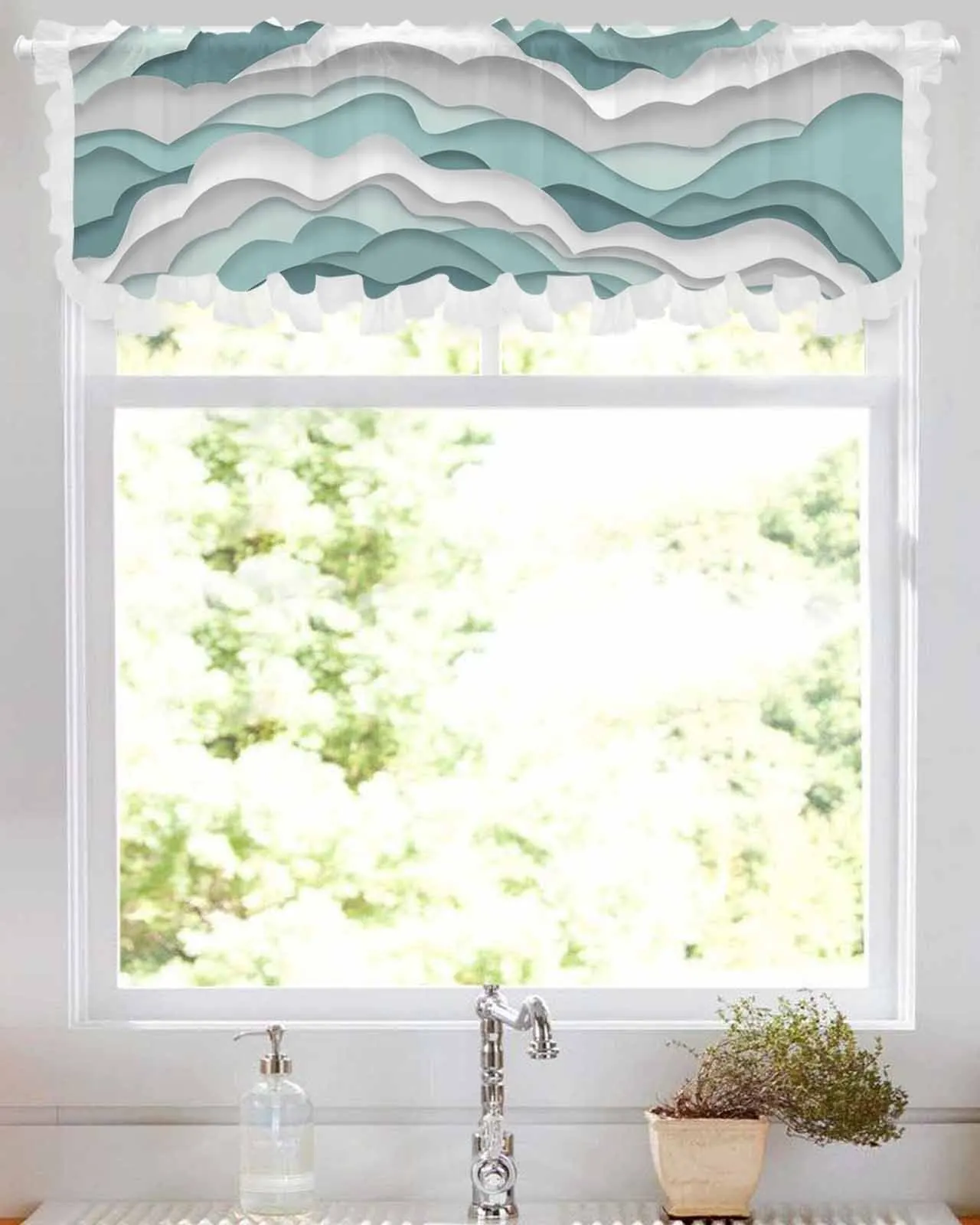 Ocean Waves Wave Splashes Turquoise Gradient Tulle Half Curtains for Living Room Kitchen Door Cafe Window Sheer Valance Drapes