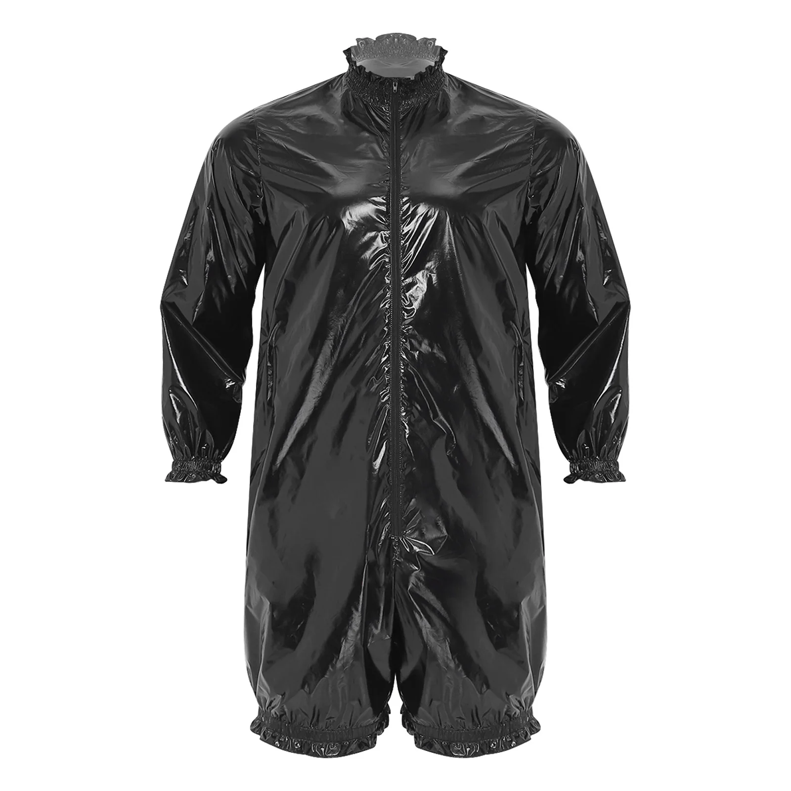Male Mens Waterproof Vinyl Bodysuit Mock Neck Long Sleeve Front Zipper Short Bottoms Leotard for Rave Party Nightclub Dance Show