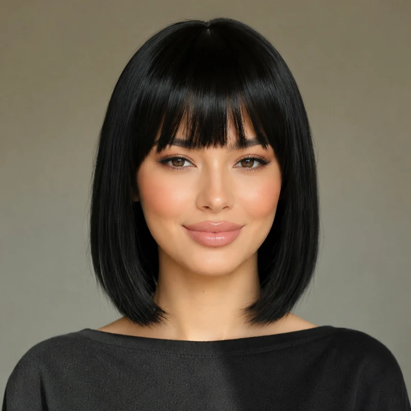 12-inch synthetic pure black wig with smooth, heat-resistant short bangs, suitable for women's daily wear.