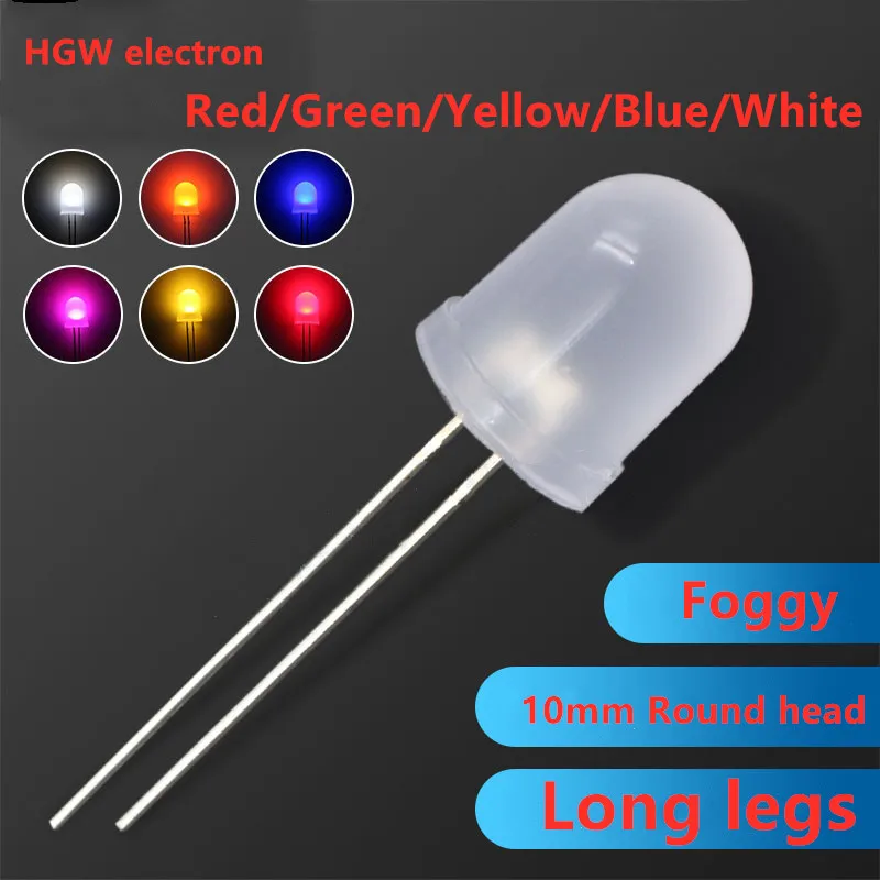 50Pcs 5Colorsx10Pcs 10MM LED Diode Diffused Kit 10mm 3V Set Light Emitting White Green Red Blue Yellow F10 Luminous tube