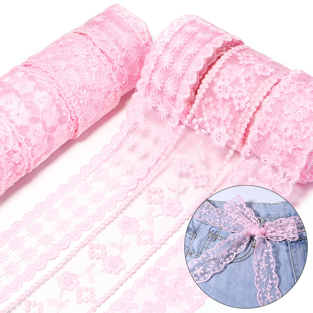 3Yards / Lot 38mm Nicht-elastische rosa Spitzenband Handwerk gestickt Netz Spitze Stoff Trim für Nähen Band Rock Zubehör