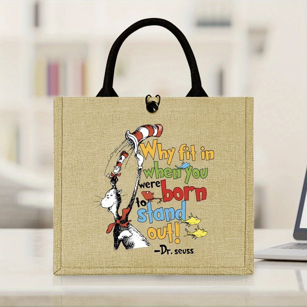 Dr Seuss Quote Print Linen Tote Bag Why Fit in When You Were Born To Stand Out Reusable Shopping Handbag Teacher Gift Bag