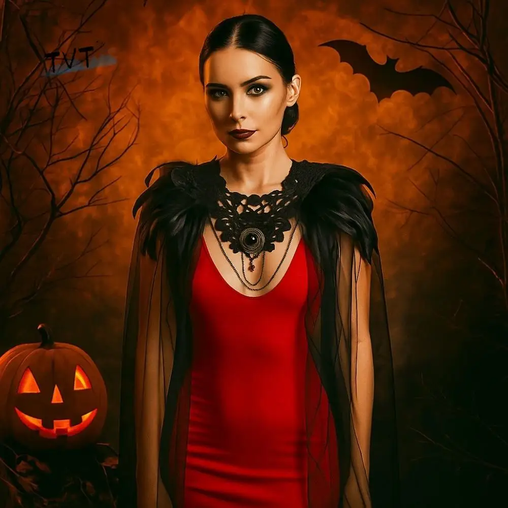 

Fashion Gothic Witch Shawl Crystal Feather Halloween Cloak Black Party Tulle Cape Kids