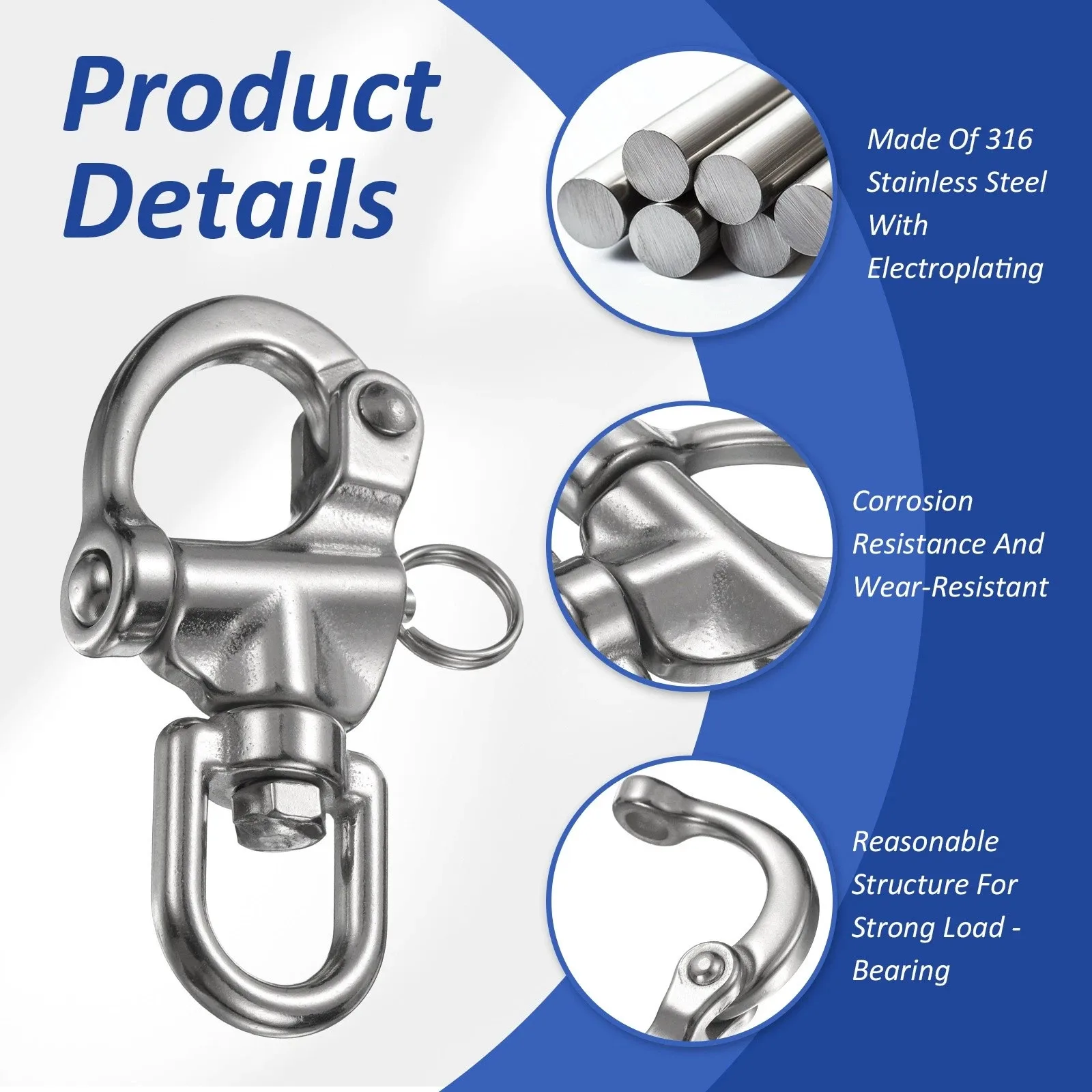 2Pcs 3.4 Inch Quick Release Snap Shackle, 316 Stainless Steel Fixed Bail Marine Rigging Hardware New