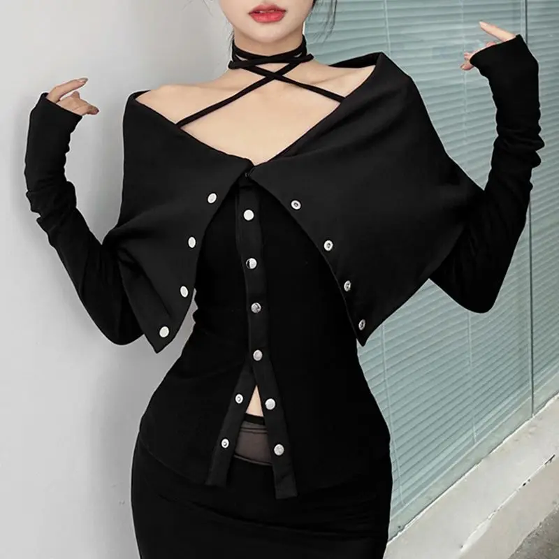 New Pure Desire Style Spicy Girl Big Collar Off Shoulder Short Long Sleeve T-shirt dla kobiet Slim Fit and Slimming Design Top