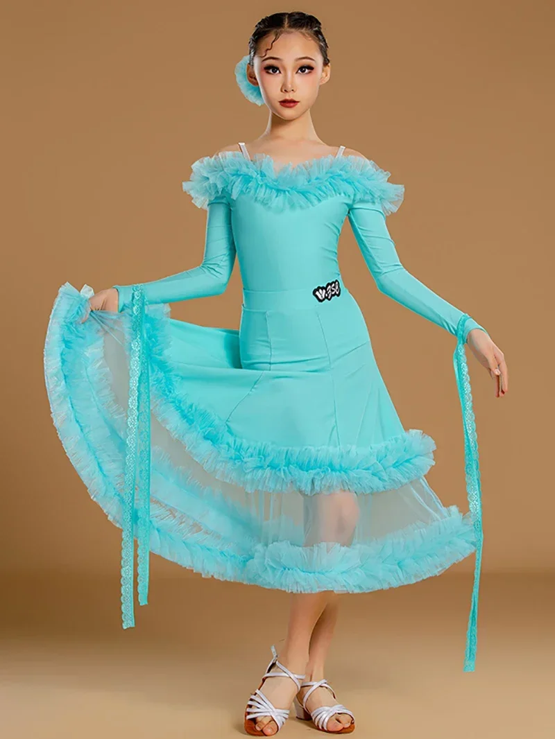 Kids Girls Waltz Tango Ballroom Dance Professional Training Dresses Bodysuit and Mesh Ruffles Skirts Modern Dancing Costumes